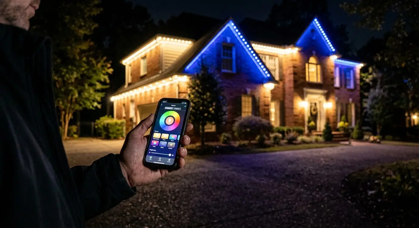 Hand holding a phone with a color wheel app, brick house lit blue in the background