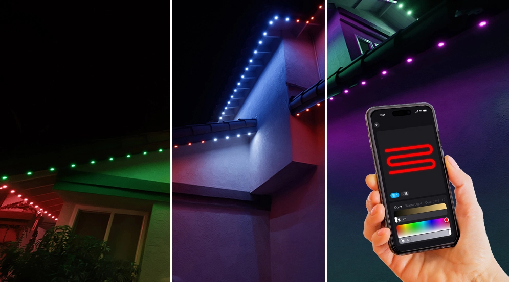 Phone app showing color and pattern options for permanent lighting
