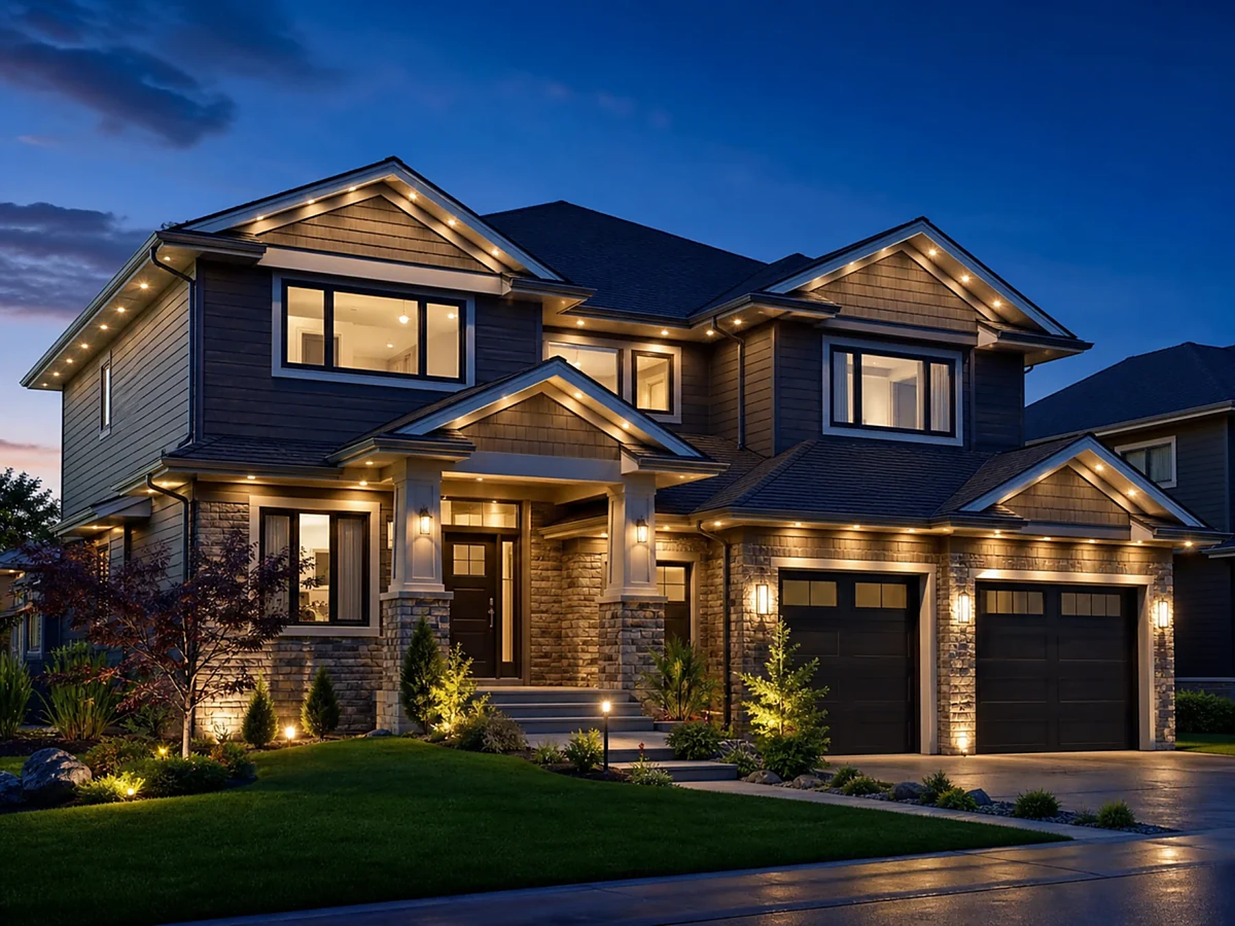 Craftsman home with warm white soffit lighting
