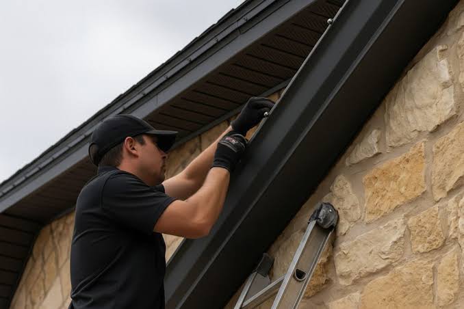 Installer mounting a lighting track under a roofline