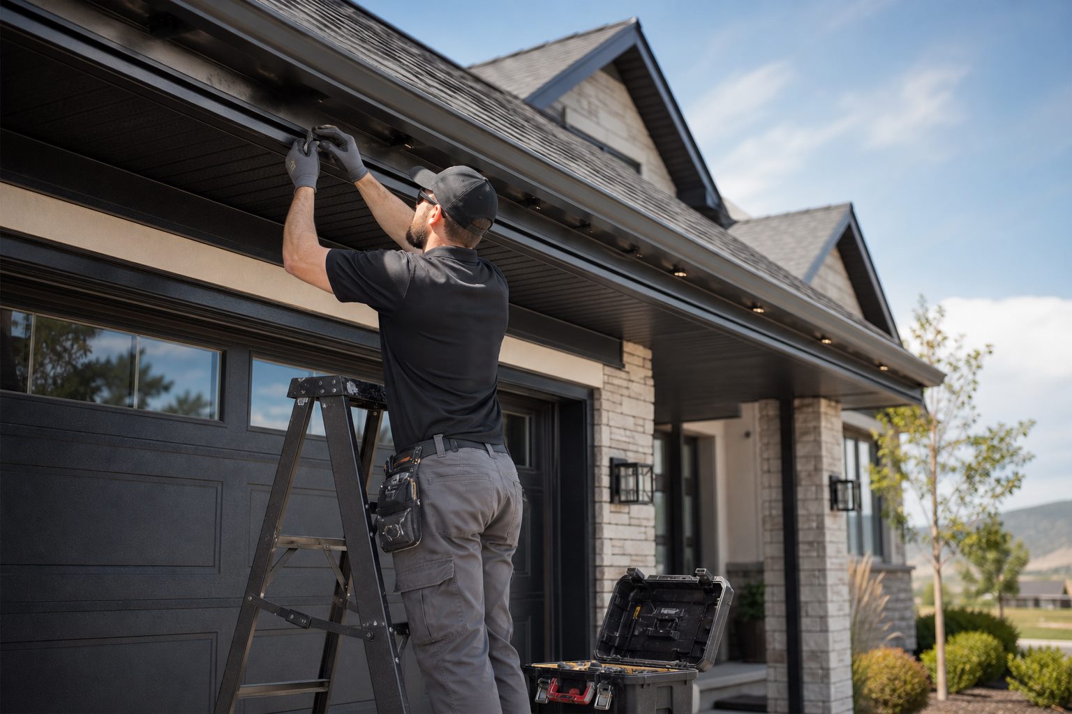 Installer securing a lighting track along a roof eave
